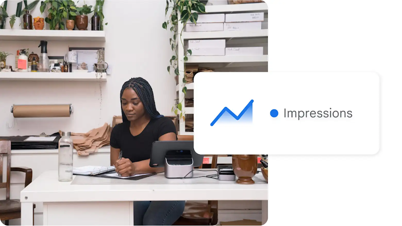 A woman writes in a notebook, surrounded by a bar chart