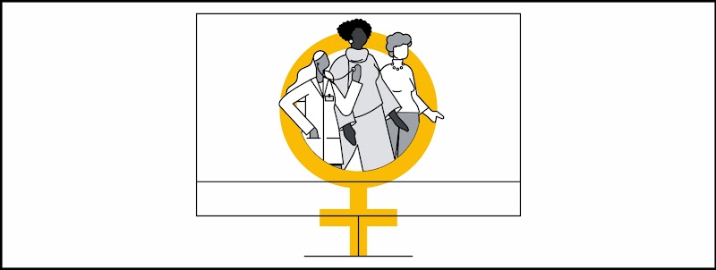 Un símbolo del género femenino en amarillo sobre el dibujo de una pantalla de televisión. Dentro del símbolo, los dibujos de tres mujeres: una médica con pelo blanco, una morocha con rulos y una mujer con pelo corto y collar de perlas.