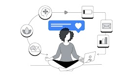 Un’illustrazione mostra al centro una donna con i capelli ricci seduta a ginocchia incrociate, come in una posizione di yoga, con un computer sulla sua sinistra. Intorno a lei una serie di icone disposte circolarmente indicano il benessere mentale.