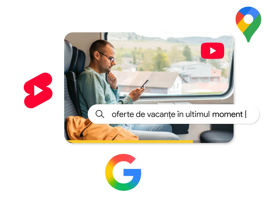 O compoziție fotografică cu un bărbat în pulover verde, în tren, privind în telefon și pe fereastră. Elementele de interfață suprapuse includ o bară de căutare cu textul „oferte de vacanțe în ultimul moment |” împreună cu pictograme pentru YouTube, YouTube Shorts, Google Maps și sigla Google „G”, ceea ce sugerează o căutare legată de călătorii și descoperire de videoclipuri.