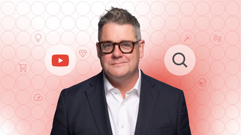 Against a red background, a photo of Mark Ritson. He is wearing glasses and is smiling slightly. To the left, a YouTube icon. To the right, a magnifying glass icon. More icons, like a shopping trolley and a price tag, are in circles on the red background.