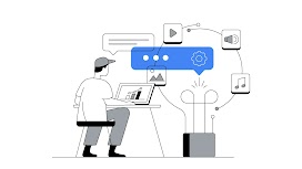 Sulla sinistra vediamo un uomo seduto davanti a un computer con un grafico a colonne sullo schermo e un fumetto in alto. Sulla destra, una grande lampadina con icone circolari che rappresentano audio, video, performance e musica.