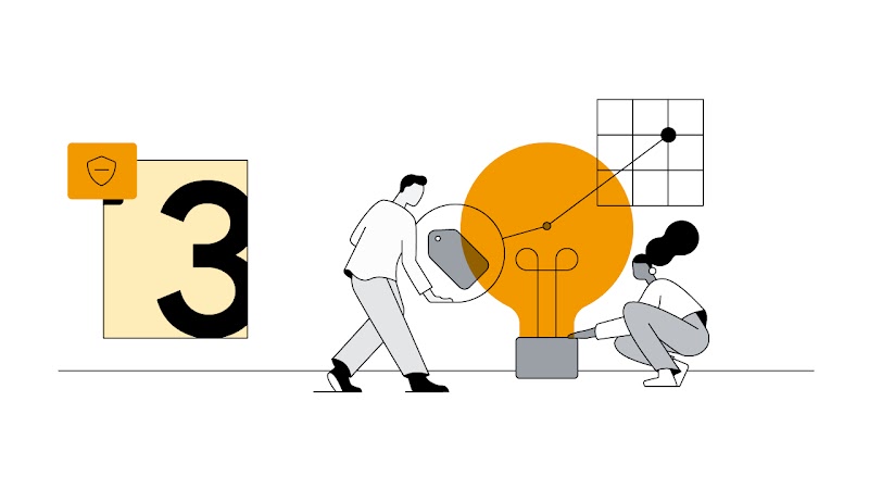 3. Deux personnes, l'une à la peau claire et aux cheveux courts et foncés, l'autre à la peau foncée et aux cheveux longs et foncés, interagissent avec une énorme ampoule électrique. Sur un graphique, des insights concernant les achats en ligne forment une