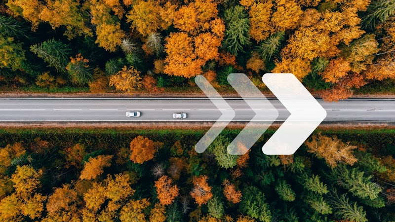 Une route nationale en ligne droite au milieu des bois a trois flèches en surimpression indiquant la voie vers la performance.