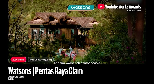 YouTube Works Awards Southeast Asia winner thumbnail for 'Watsons | Pentas Raya Glam' by Accenture Song and MBCS. It depicts a traditional wooden house in a forest setting, carrying the Watsons logo, the YouTube Works Awards logo, and badges marking it as the 2026 Winner for Multiformat Storytelling.