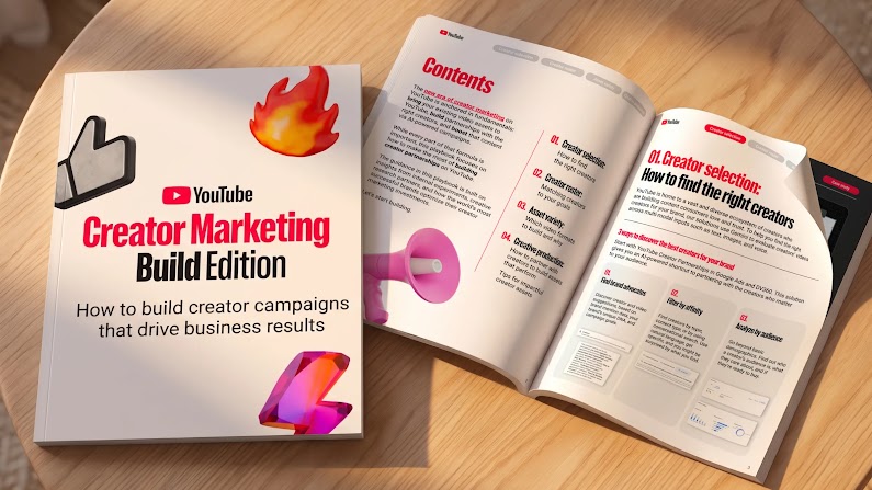 The YouTube Creative Marketing Build Edition playbook lays on a table. A closed version shows a white cover with red and black lettering. Another is open to the table of contents and chapter one — Creator selection: How to find the right creators.