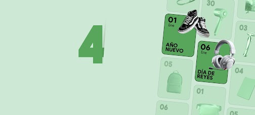 4. Una cuadrícula de calendario verde, con zapatillas el 1 de enero (Año nuevo) y auriculares el 06 enero (Día de Reyes). Otros regalos navideños llenan los cuadrados del fondo.