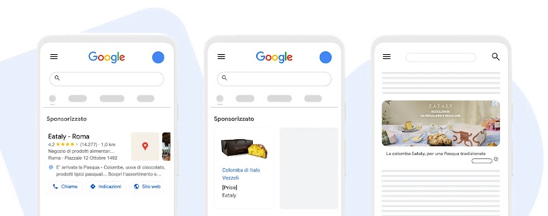 Mockup di una campagna multicanale su Google per Eataly: promozione della Pasqua tramite annunci locali, schede prodotto e banner pubblicitari ottimizzati per smartphone.