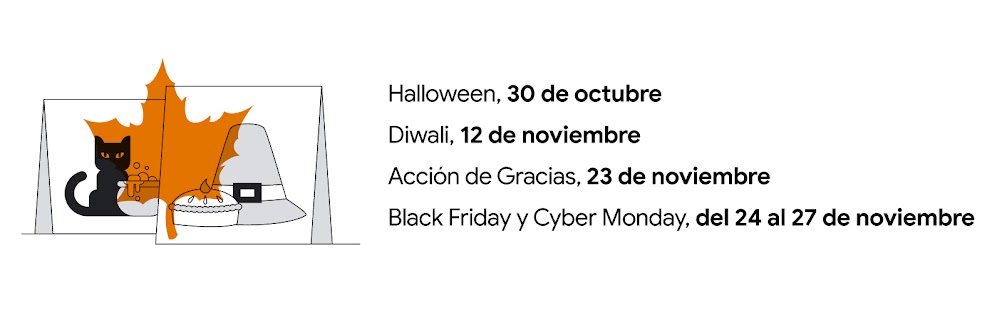 Dos tarjetas, una al lado de la otra. Una tiene un gato negro y un caldero con una pócima hirviendo. La otra tiene un sombrero de cuáquero y un pastel. Hay una hoja naranja superpuesta sobre la imagen. Halloween, 30 de octubre; Diwali, 12 de noviembre; Ac