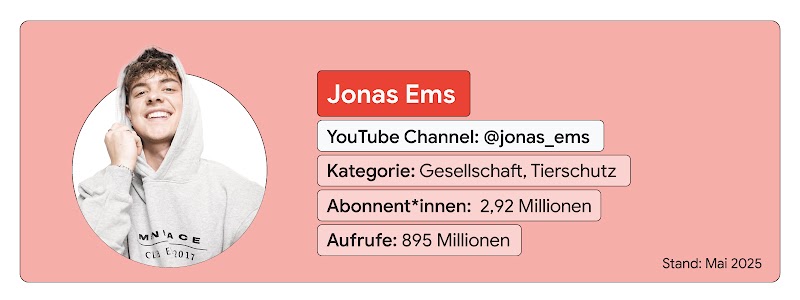 Der Creator Jonas Ems und seine aktuellen YouTube-Kanal-Referenzzahlen sind abgebildet.