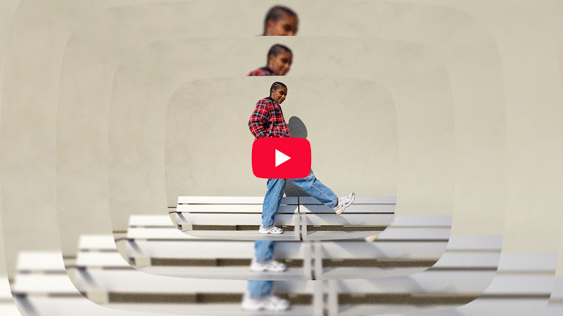 The image shows a photo of a woman with dark skin standing casually on a bench. She is wearing a flannel shirt and baggy jeans. The image is repeated to show perspective and there’s a red YouTube play button on top.