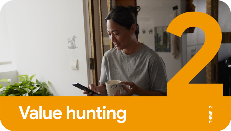 Theme 2: Value hunting. A middle-aged woman uses her phone at home to help her make purchase decisions.