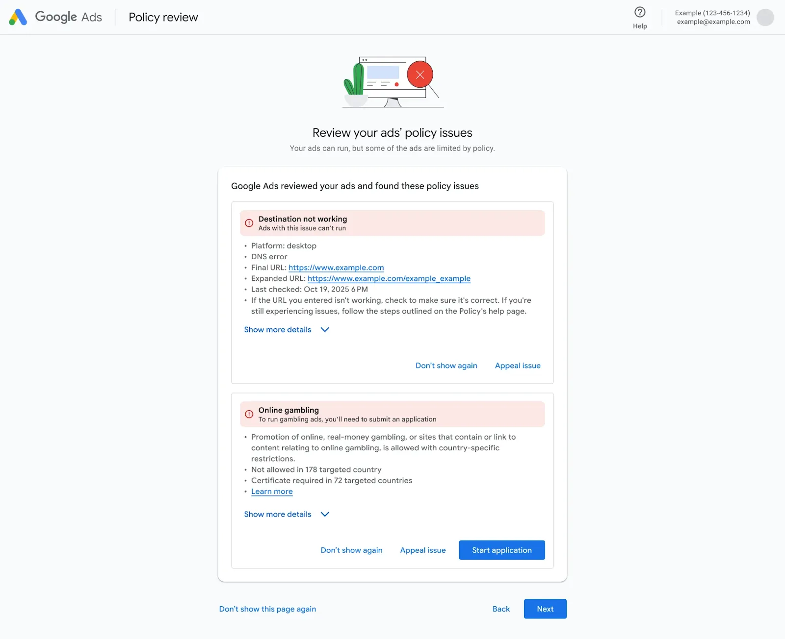 Página del gestor de políticas en Google Ads