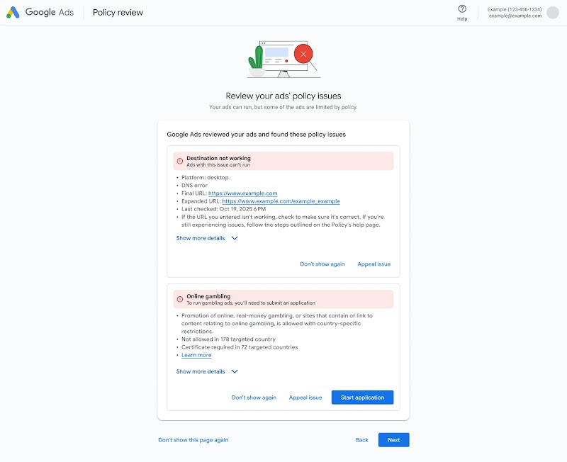 The Google Ads post-save policy page listing complex violations with guidance for appeals and remediation.