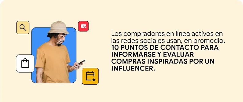 Un hombre con vitíligo, barba y cabello oscuro y rizado debajo de un sombrero de pescador compra en su teléfono junto al texto que dice: Los compradores en línea activos en las redes sociales usan, en promedio, 10 puntos de contacto para informarse y eval
