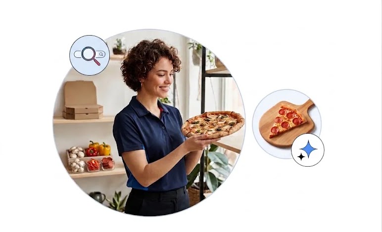 Açık mavi bir dairesel çerçeve içinde, lacivert polo tişörtlü gülümseyen genç bir kadın, elinde taze pişmiş bütün bir pizza tutarak pizzaya bakıyor. Arka plandaki ahşap raflarda pizza kutuları, bitkiler ve taze sebzeler görülüyor. Kompozisyonun sol üstünde bir arama çubuğu ve büyüteç ikonu, sağında ise bir dilim pepperoni pizza ve bir Gemini spark ikonu yer alıyor.