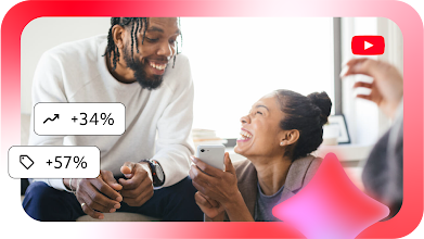 We see an image of a man and woman smiling and laughing with an upward trend icon of +34% and a tag icon with +57%