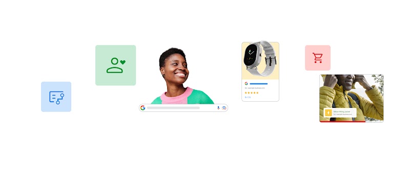 Uma mulher de pele escura e cabelo afro curto, vestindo um suéter colorido rosa e verde, sorri no centro de uma série de blocos de ícones com um carrinho de compras, um documento com um circuito e uma pessoa com um coração.