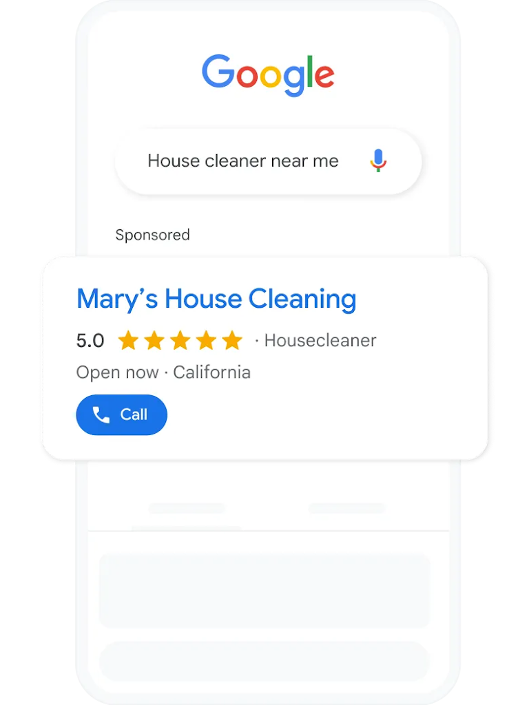 A search query and local services ad for a home cleaning service with a call button.