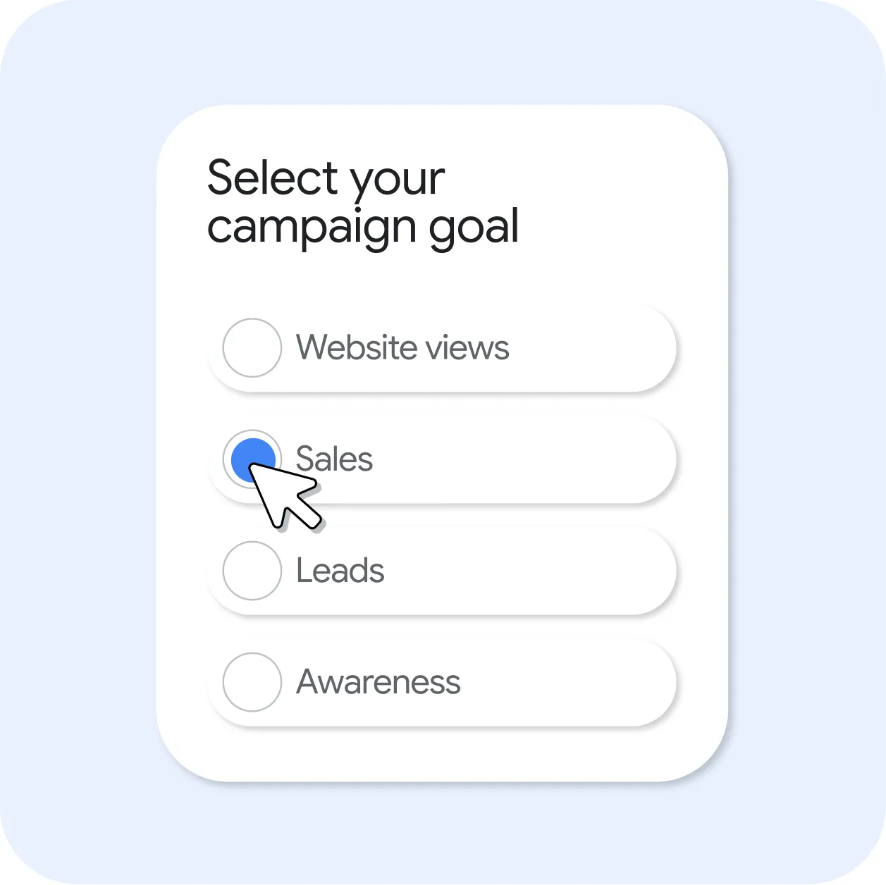 Card-style UI titled “Select your campaign goal” showing four radio options: Website views, Sales, Leads, and Awareness. The “Sales” option is selected with a blue radio button, and a cursor is clicking on it.