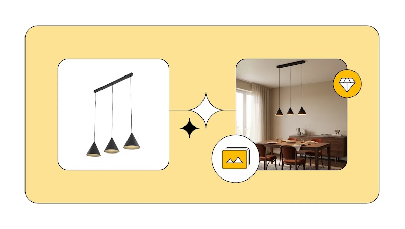 Gegenüberstellung eines isolierten Produktfotos einer schwarzen Pendelleuchte und deren Integration in ein Lifestyle-Ambiente, verbunden durch ein Funkelsymbol.