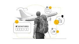 A man carrying a hiking bag looks at a plane with icons of a map, city skyline, nature and a departure gate surrounding him, representing APAC traveler behaviors and trends, and the tourist decision making process.