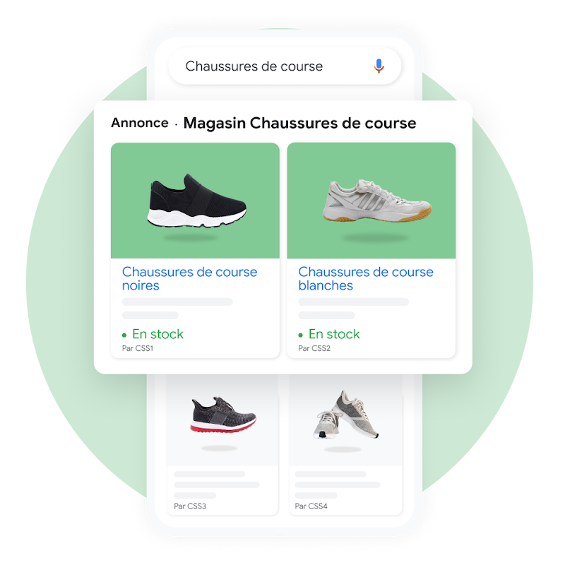 Interface utilisateur montrant une recherche de chaussures de course sur Google Shopping, dont les résultats sponsorisés sont mis en avant dans une fenêtre externe.