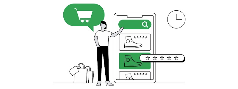 Una persona con remera blanca y pantalones negros señala la pantalla de un móvil. A su izquierda, un globo de diálogo verde con un carrito de compras. Sobre la pantalla, tres imágenes de tennis y un menú de estrellas.