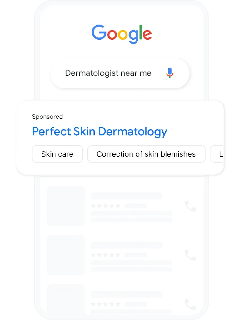 A search query and local services ad for dermatologists nearby. 