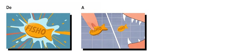 Guion gráfico con dos cuadros para el anuncio de Fishos. En el primero, un snack de Fishos con agua alrededor y misceláneas gráficas. En el segundo la boca de un perro y la mano de una persona dándole dos Fishos.