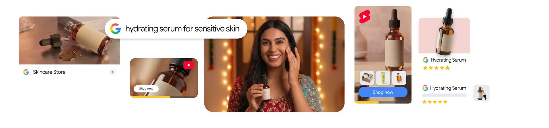A festive collage showing a woman in traditional attire applying face serum against warm string lights, overlaid with a Google search bar for "hydrating serum for sensitive skin" and various shopping ad listings.