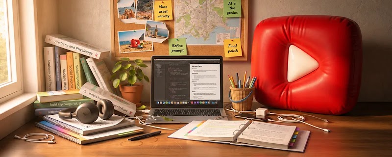 Cozy study desk with an open laptop displaying code, surrounded by textbooks, headphones, sticky notes on a corkboard, and a large red inflatable YouTube play button.