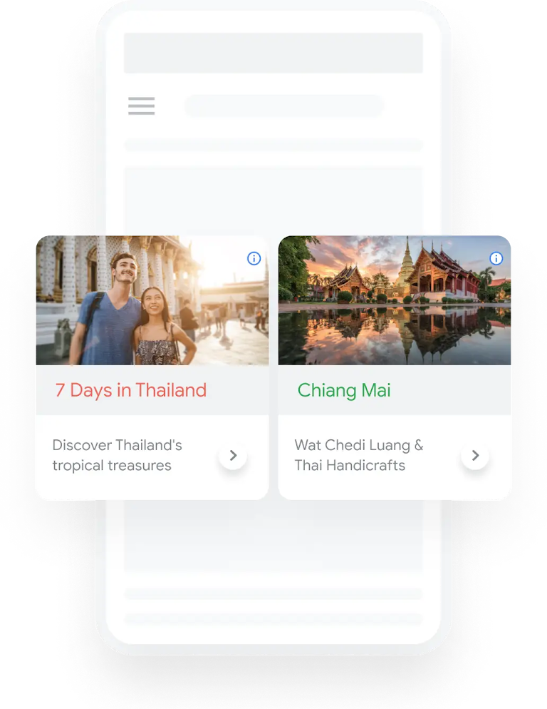 Illustration of a phone showing a Google search query for Southeast Asia Tours surfacing related Display Ads.
