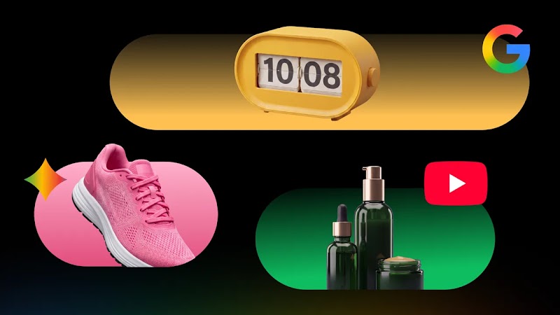Three capsule shapes on a black background. A long yellow one holds a yellow alarm clock and the Google G-logo. A pink one has a pink running shoe and the Gemini sparkle logo. A green one has 3 green cosmetic bottles and the YouTube Play button logo.
