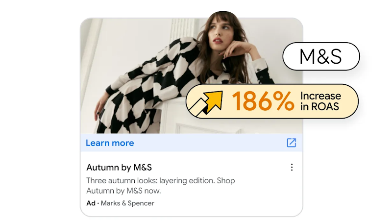Anuncio de Marks & Spencer que muestra la moda de otoño con una modelo que lleva un vestido con estampado en blanco y negro.