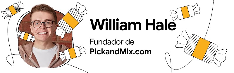 William Hale, fundador de PickandMix.com, con ilustraciones de caramelos envueltos