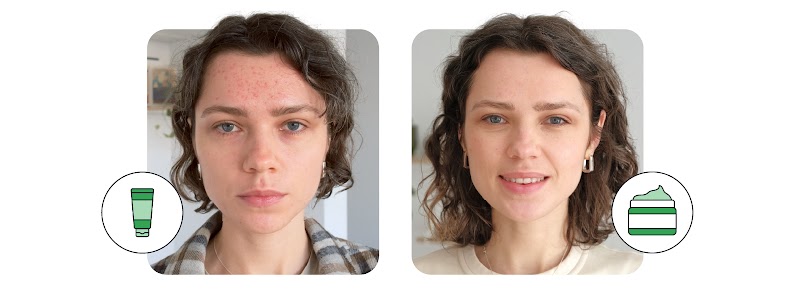 Deux images sont disposées l’une à côté de l’autre représentant le portrait d’une même femme. A gauche, elle n’est pas maquillée ni peignée et une icône de tube de crème est disposée à sa droite.  A droite, la même femme est maquillée et peignée, une icôn