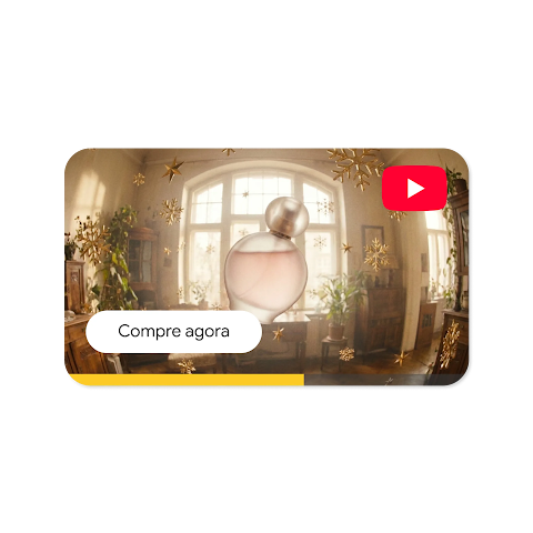 Anúncio em vídeo do YouTube de um frasco de perfume rosa-claro com o botão "Compre agora".