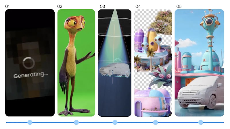 Sequenza in 5 passaggi del processo di creazione della campagna con GenAI: 1. Generazione, 2. Personaggio alieno, 3. Modello 3D dell'auto, 4. Elementi scenografici, 5. Scena finale integrata.