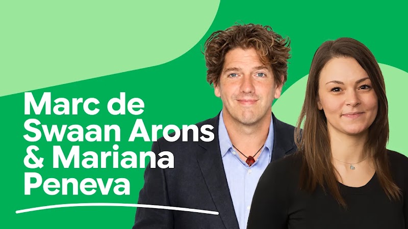 Marc de Swaan Arons and Mariana Peneva of the Institute for Real Growth appear against a green background. Swaan Arons has light wavy hair; Peneva has medium shoulder-length hair. Both have light skin and wear dark business attire.