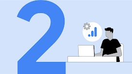 Zu sehen ist ein Mann vor einem Laptop. Links über ihm wird das Logo von Google Analytics 4 gezeigt. Rechts im Bild steht eine große 1.