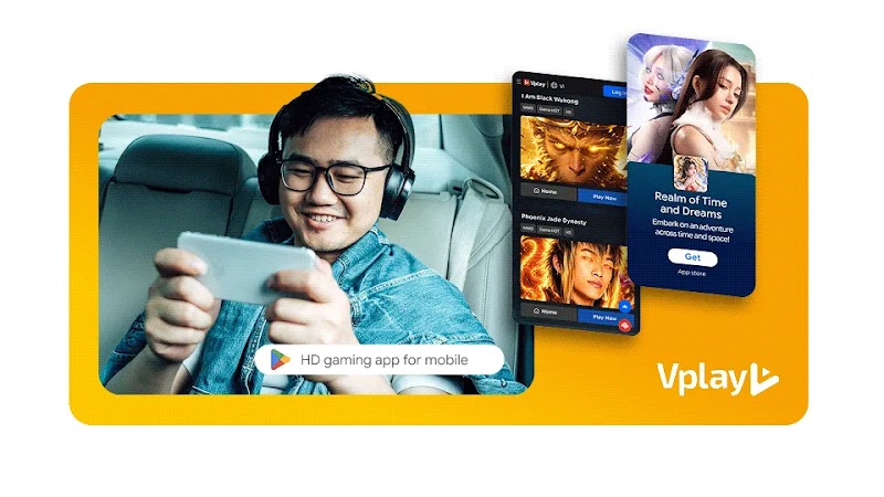 A gamer wearing headphones playing on a smartphone in a car alongside Vplay mobile game screens and an App Store card.