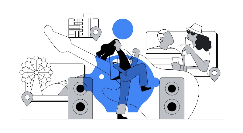 Tendo ao fundo a imagem de uma guitarra e dois autofalantes, uma pessoa de cabelos longos toca uma guitarra imaginária. Ao seu redor, aparecem ilustrações de uma roda gigante, prédios de uma cidade e duas pessoas bebendo e conversando.