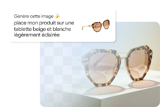 Capture d’écran avec une requête de génération d’image disant : « Génère cette image : place mon produit sur une tablette beige et blanche légèrement éclairée » à côté d’une photo de lunettes de soleil écailles de tortue déposées sur un support blanc minimaliste, le tout devant un arrière-plan beige, doux et légèrement éclairé.