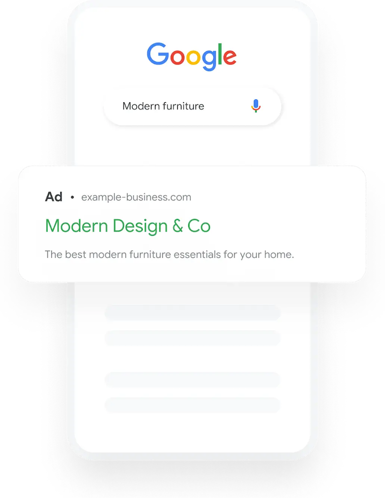 Illustration that shows a Google search query for home decor that results in a relevant furniture Search Ad.