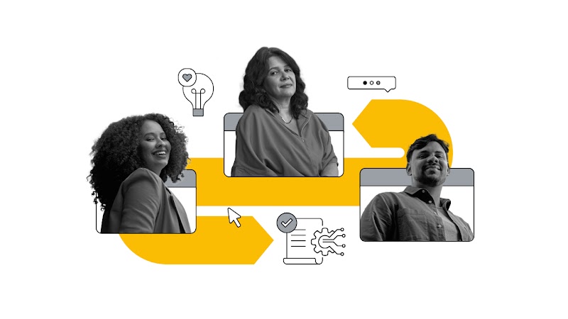 Duda Franklin, Miriane Sophia e Jefferson Pinto têm suas imagens em preto e branco emolduradas. Atrás deles uma seta em S conecta ícones de ideia, comunicação e certificado digital.