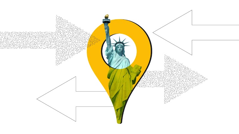 Un marcador de ubicación amarillo está situado sobre una foto de la Estatua de la Libertad. En el fondo de la imagen hay flechas lisas y discontinuas para indicar "exportar".