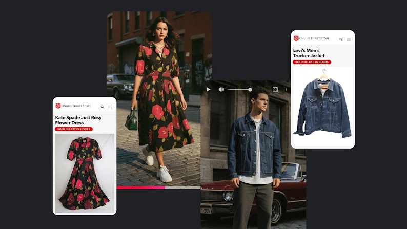Two AI-generated models wear designer clothing items recently sold by Salvation Army, as shown in its ad campaign. A woman wears a Kate Spade dress, black with bold red flowers, and a man wears a Levi’s denim jacket.