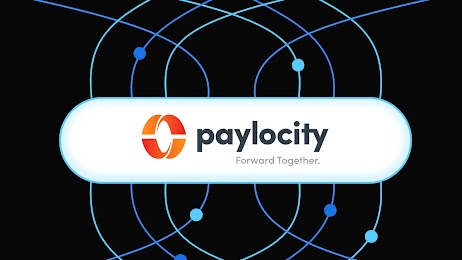 The Paylocity logo and tagline "Forward Together" centered on a white banner, set against a black background with an abstract overlay of intersecting blue lines and nodes representing connectivity and data networks.