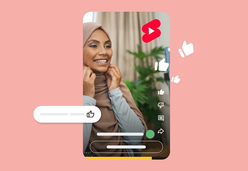 صورة متحركة تعرِض فيديو Shorts على YouTube لشخصية مؤثِّرة في مجال الجمال، ويظهر فيه زر "عدد المعجبين" متحرك وزر "اشتراك" تم النقر عليه